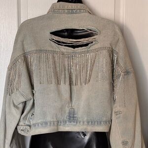 Distressed Denim Jacket with Fringe